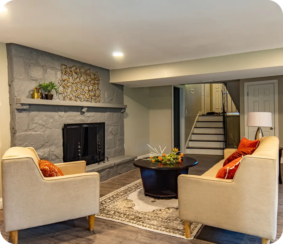 Finished basement with stone fireplace, armchairs and staircase in Mason, Ohio