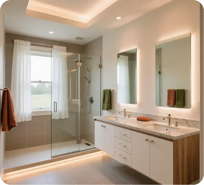 Bathroom remodel with floating double vanity, lit mirrors and frameless glass shower in Mason, Ohio