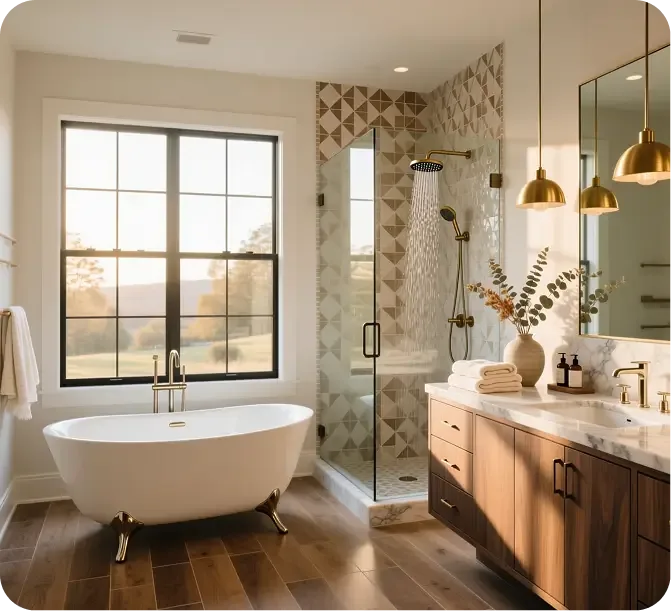 Bathroom remodel with freestanding clawfoot tub, glass shower and wood vanity