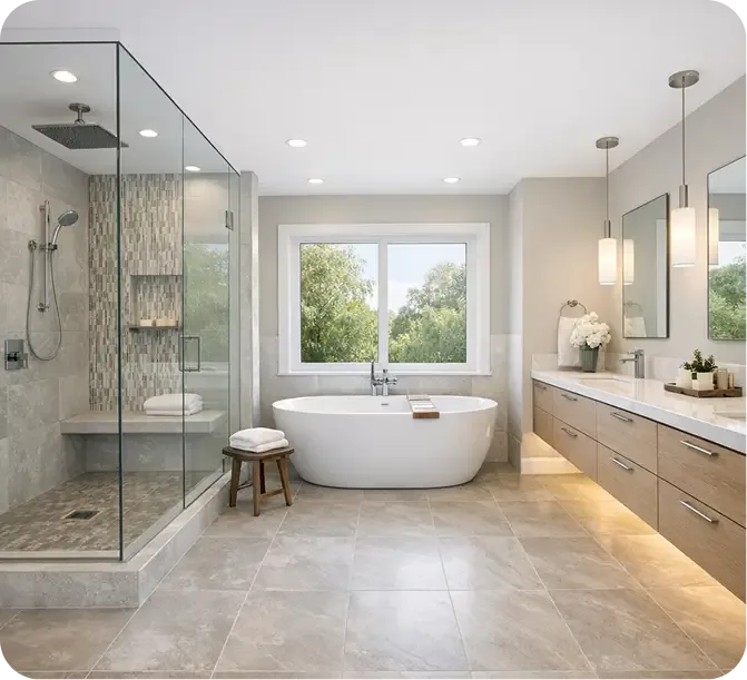 Spa bathroom remodel with walk-in glass shower, soaking tub and lit vanity