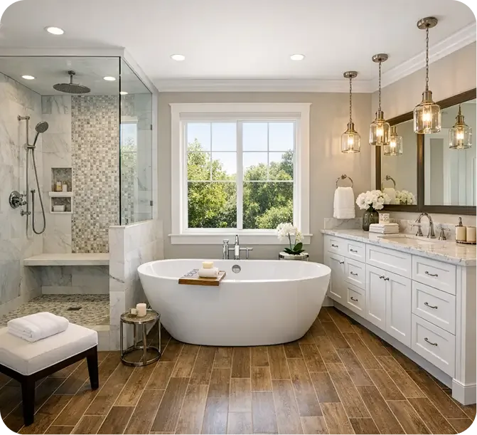 Bathroom remodel with freestanding tub, walk-in shower and white double vanity