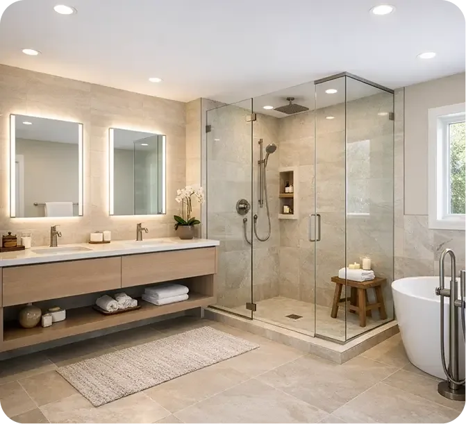 Modern bathroom remodel with floating wood vanity, glass shower and freestanding tub
