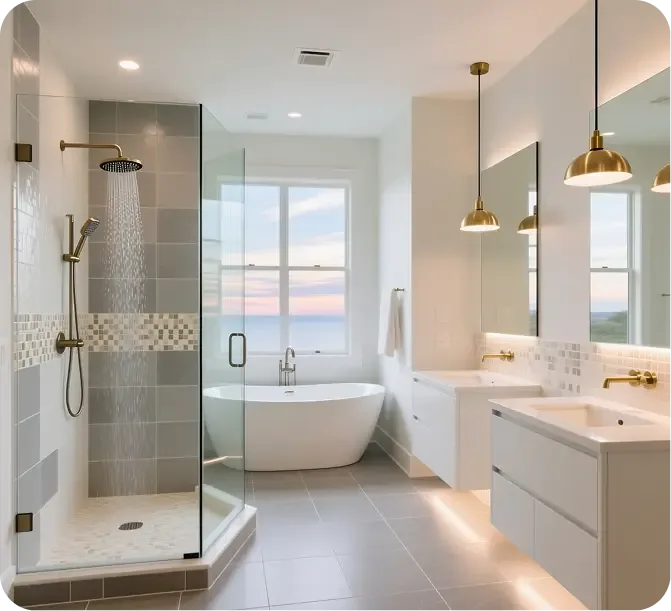 Bathroom remodel with corner glass shower, freestanding tub and modern tile