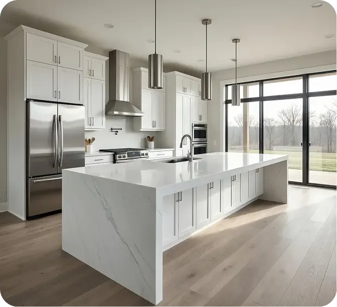 Remodeled white kitchen with waterfall quartz island and stainless appliances in Mason, Ohio