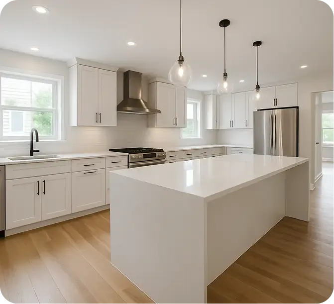 Bright kitchen remodel with white island, pendant lights and range hood