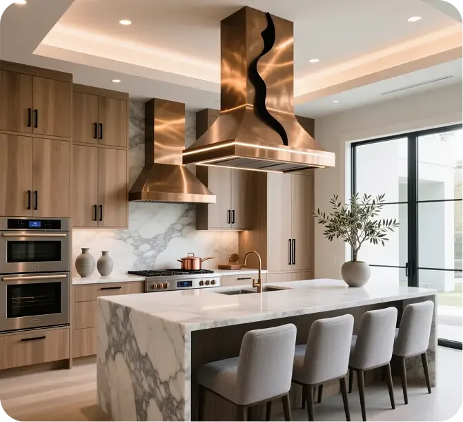 Luxury kitchen remodel with copper range hood and marble waterfall island