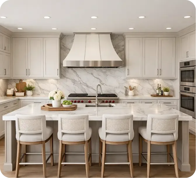 Kitchen remodel with marble backsplash, white cabinetry and island seating