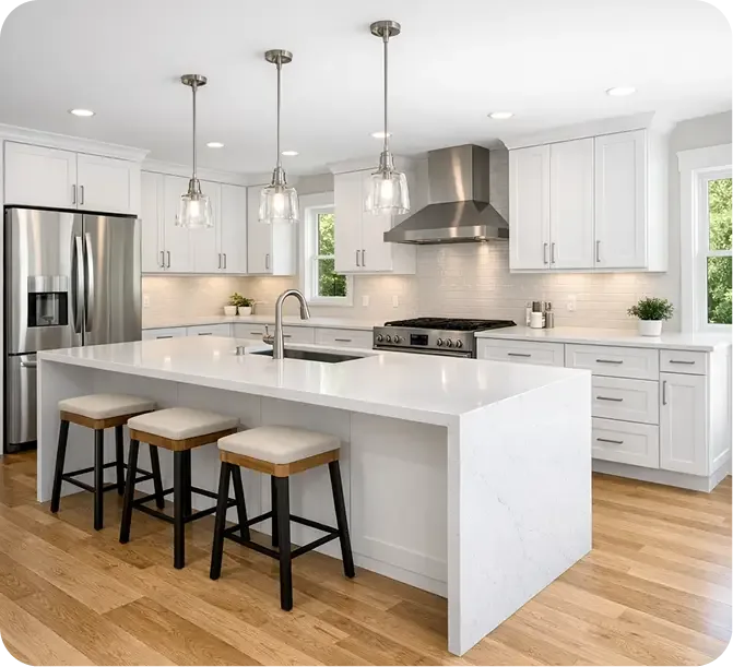 Kitchen remodel with white island, bar stools and pendant lighting